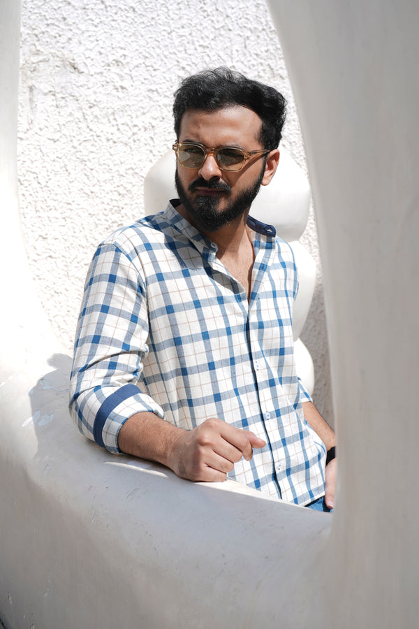 Cobalt : Handwoven Cotton White Checks Full-sleeve Shirt