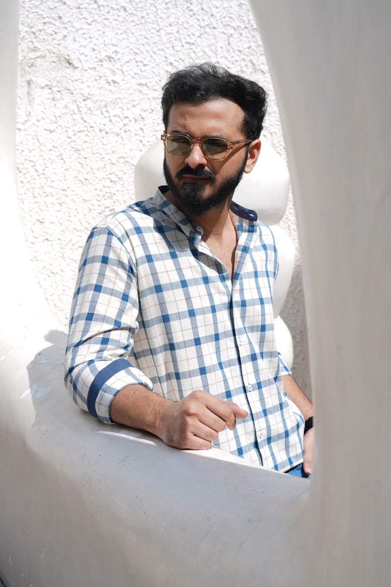 Cobalt : Handwoven Cotton White Checks Full-sleeve Shirt