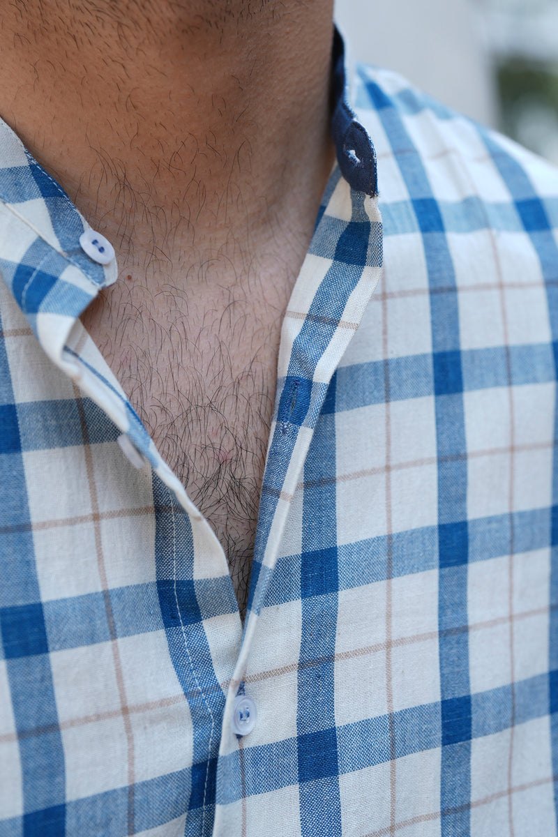 Cobalt : Handwoven Cotton White Checks Full-sleeve Shirt