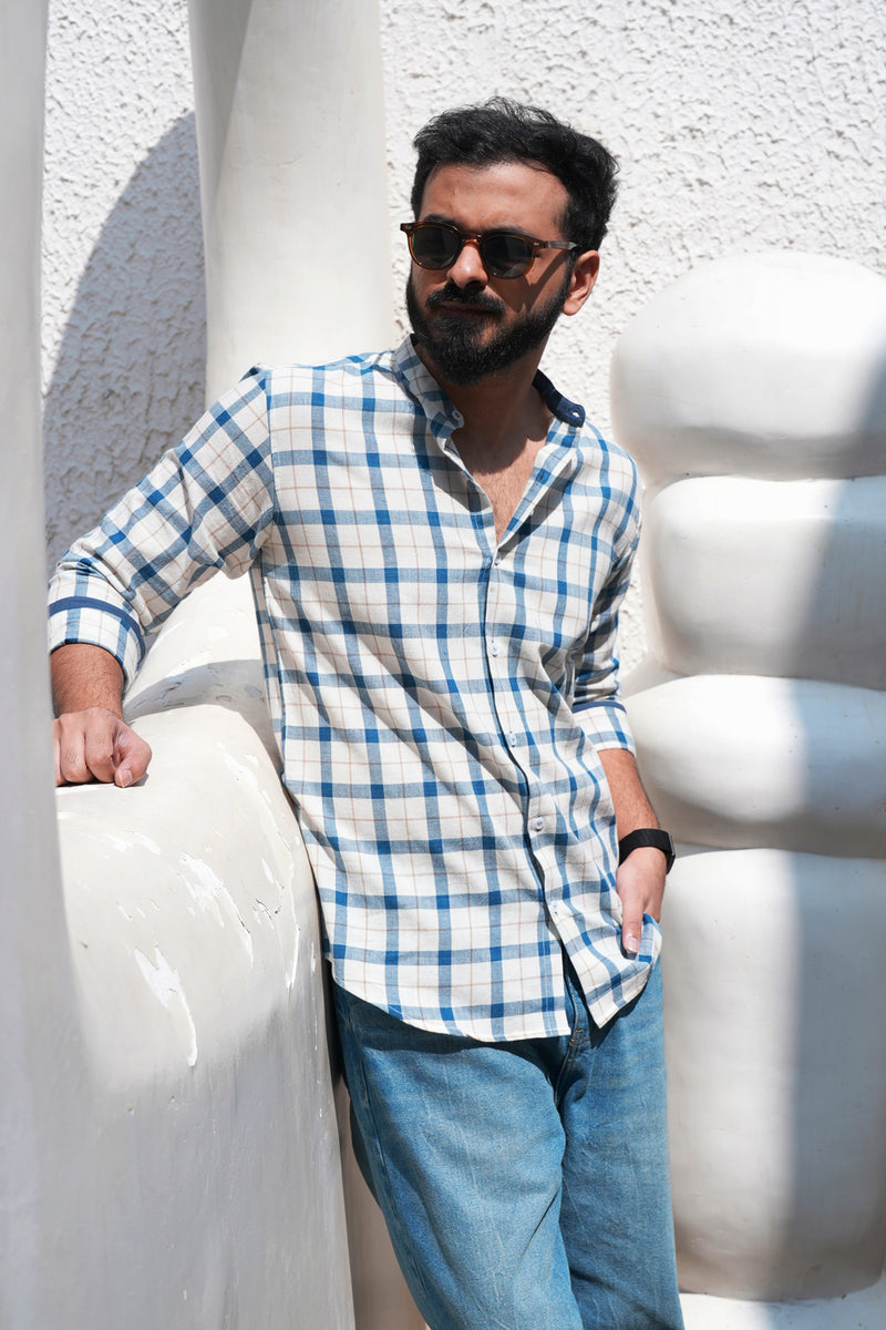 Cobalt : Handwoven Cotton White Checks Full-sleeve Shirt