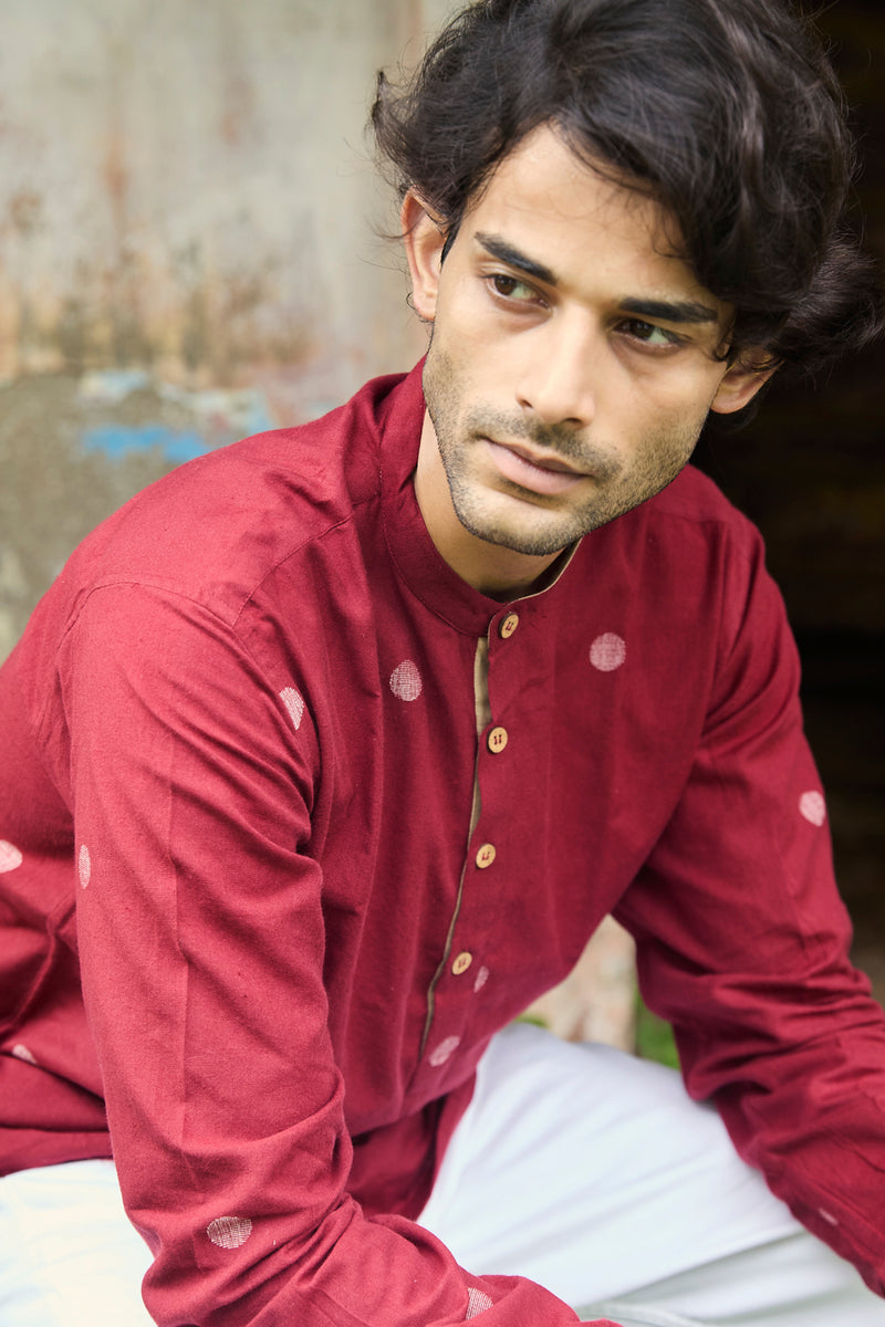 Dhara : Jamdani Deep Red short kurta
