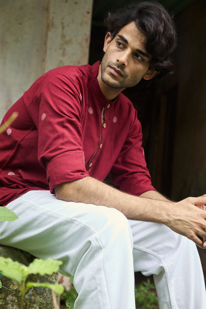 Dhara : Jamdani Deep Red short kurta