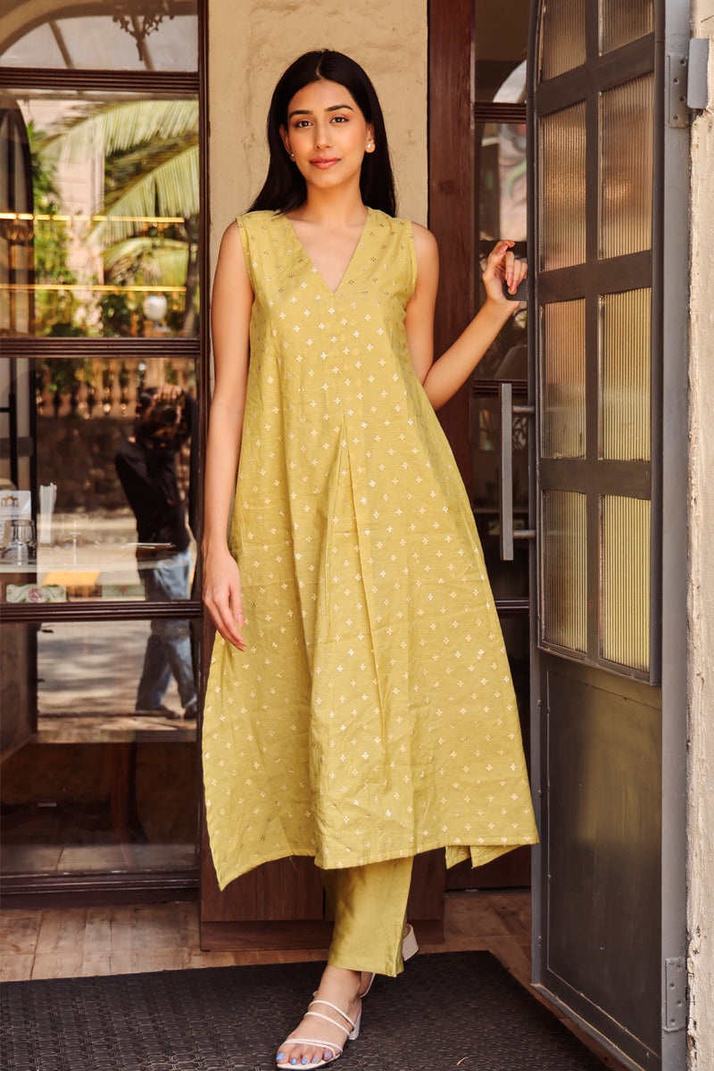 Geet: Chanderi Lime green Co-ord Set