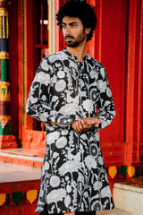 Gulmohar : Screen Print Black & White Knee-Length Kurta Set