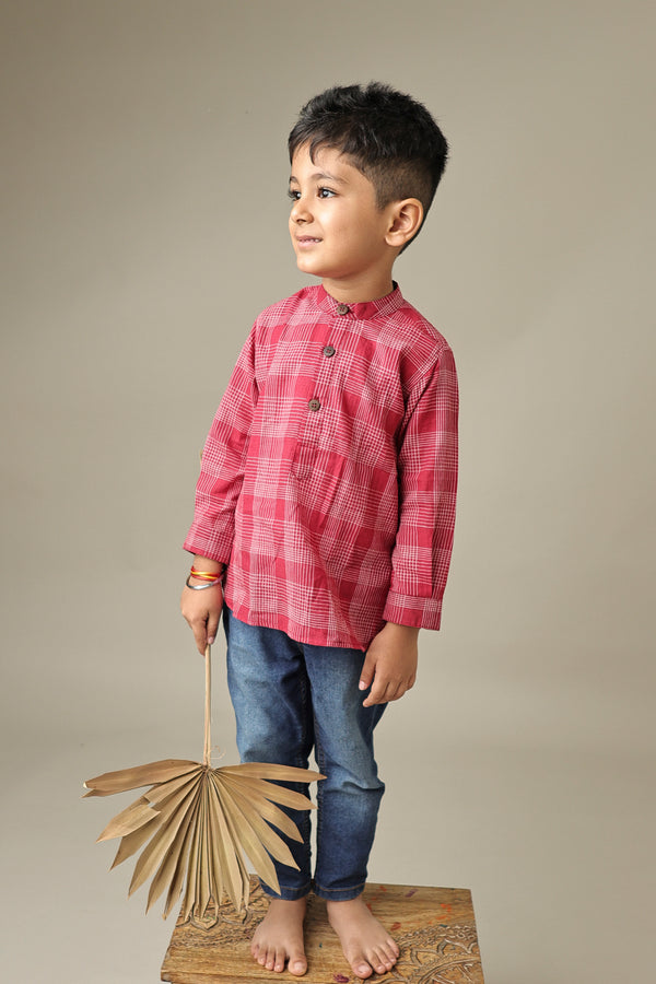 Mini Autumn: Red Handwoven Cotton checks Short kurta