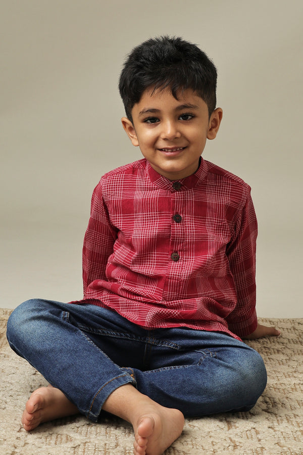 Mini Autumn: Red Handwoven Cotton checks Short kurta