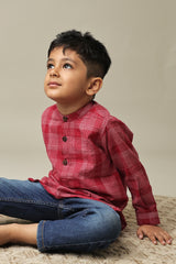 Mini Autumn: Red Handwoven Cotton checks Short kurta