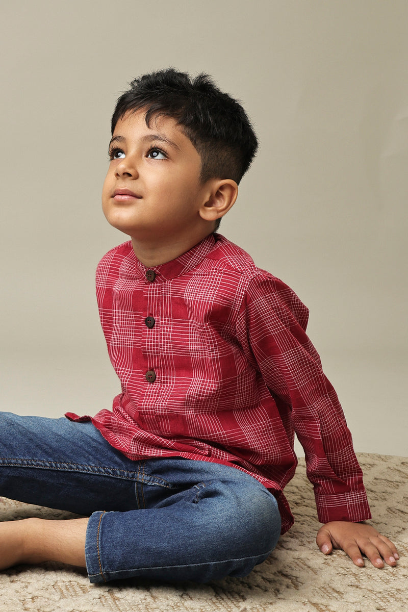 Mini Autumn: Red Handwoven Cotton checks Short kurta