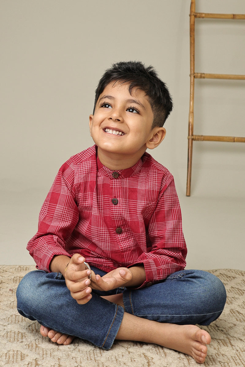 Mini Autumn: Red Handwoven Cotton checks Short kurta