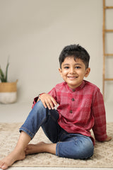 Mini Autumn: Red Handwoven Cotton checks Short kurta