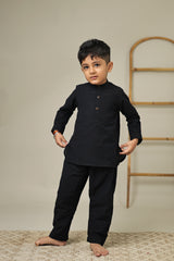 Mini Flint : Black Handwoven Cotton Kurta set