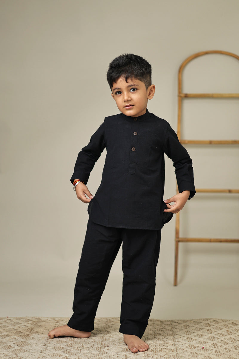 Mini Flint : Black Handwoven Cotton Kurta set