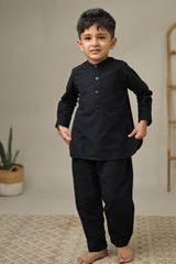 Mini Flint : Black Handwoven Cotton Kurta set