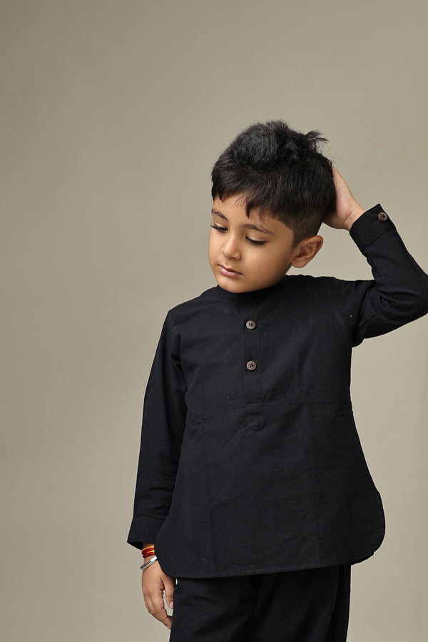 Mini Flint : Black Handwoven Cotton Kurta set