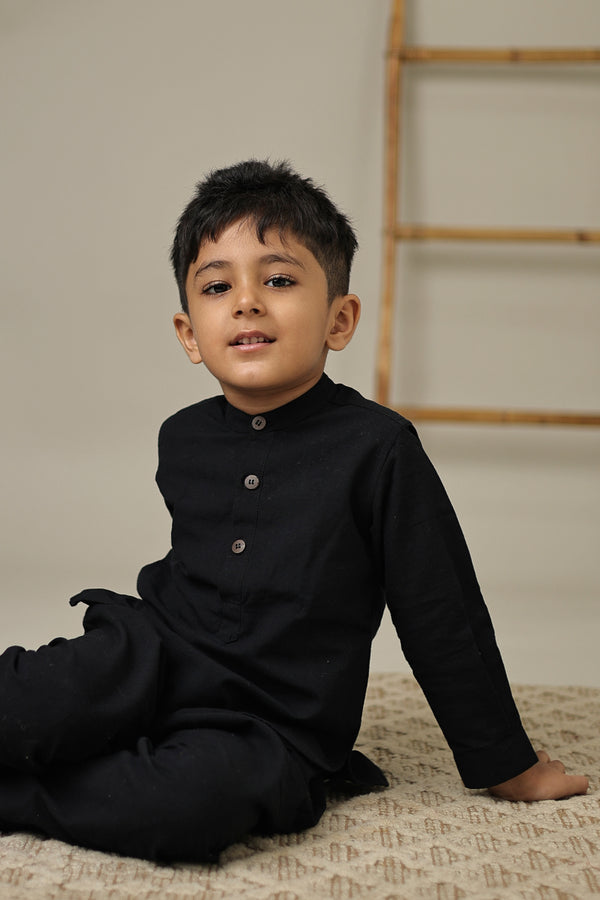 Mini Flint : Black Handwoven Cotton Kurta set