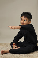 Mini Flint : Black Handwoven Cotton Kurta set