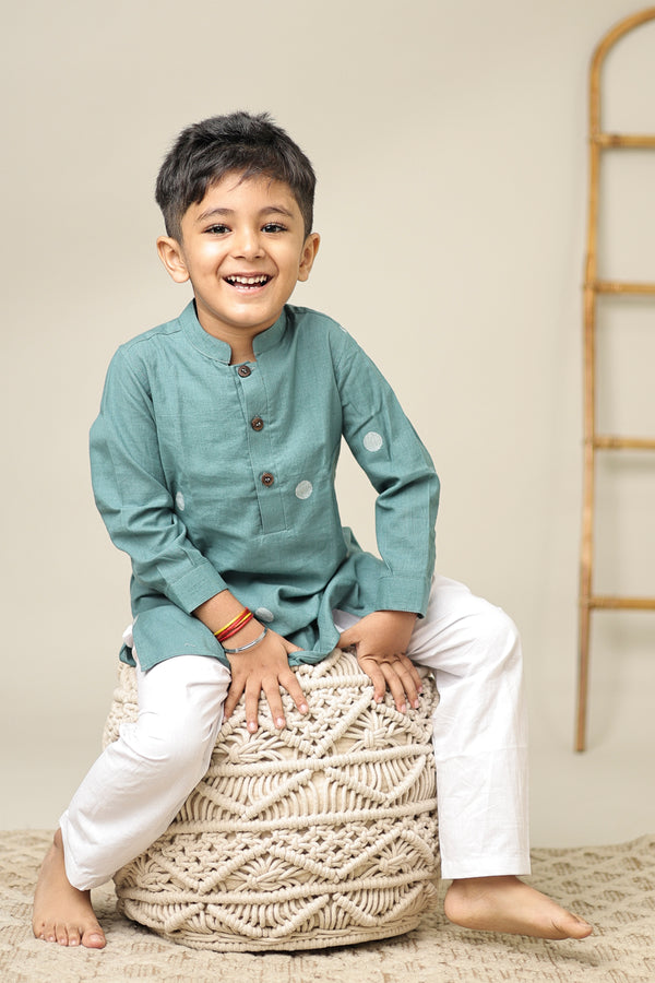 Mini Om : Teal Jamdani Kurta set