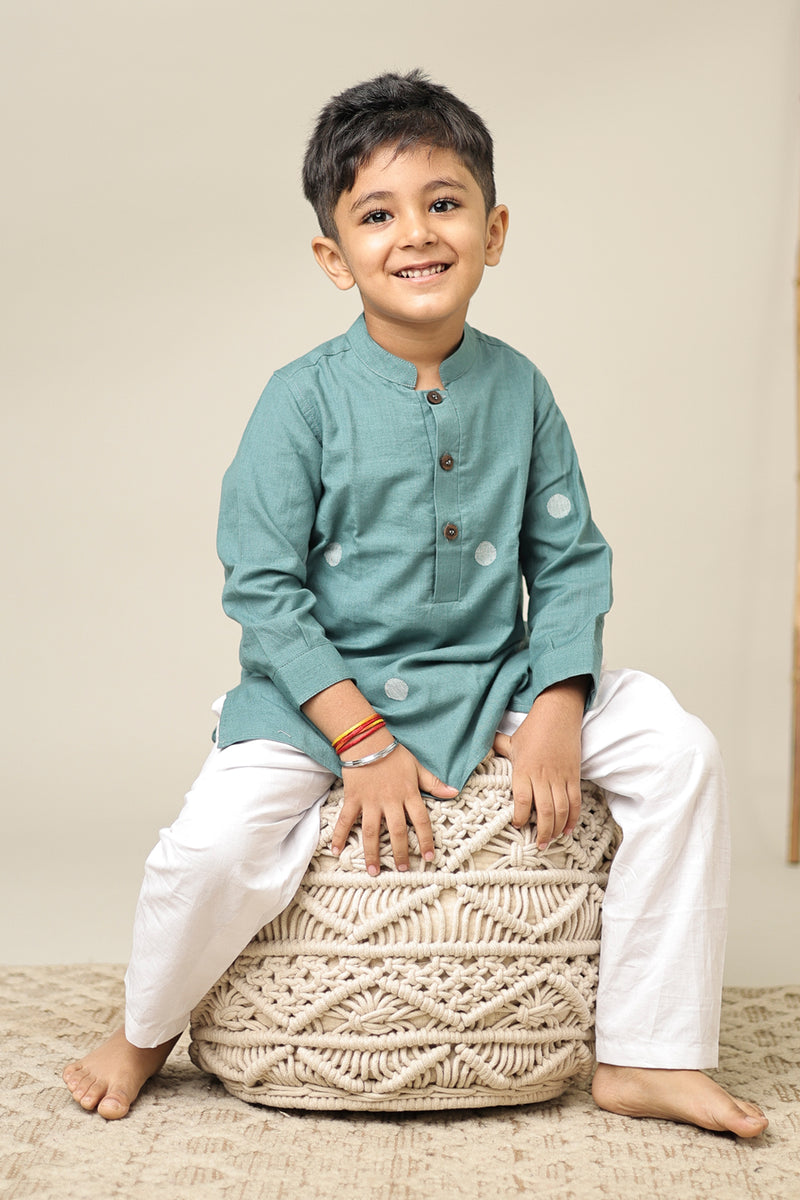 Mini Om : Teal Jamdani Kurta set