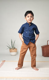 Mini Samudra : Jamdani Navy Blue Half-sleeve Shirt