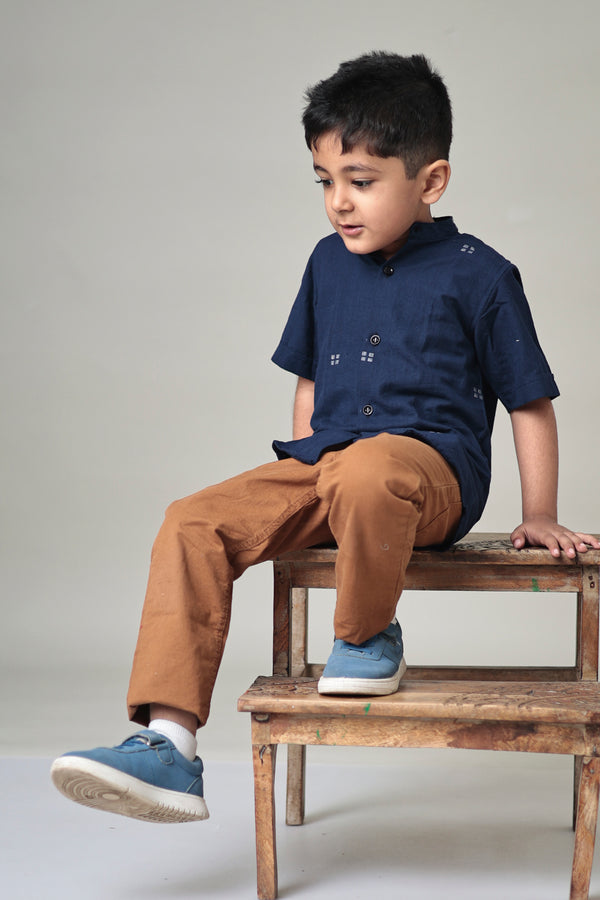 Mini Samudra : Jamdani Navy Blue Half-sleeve Shirt