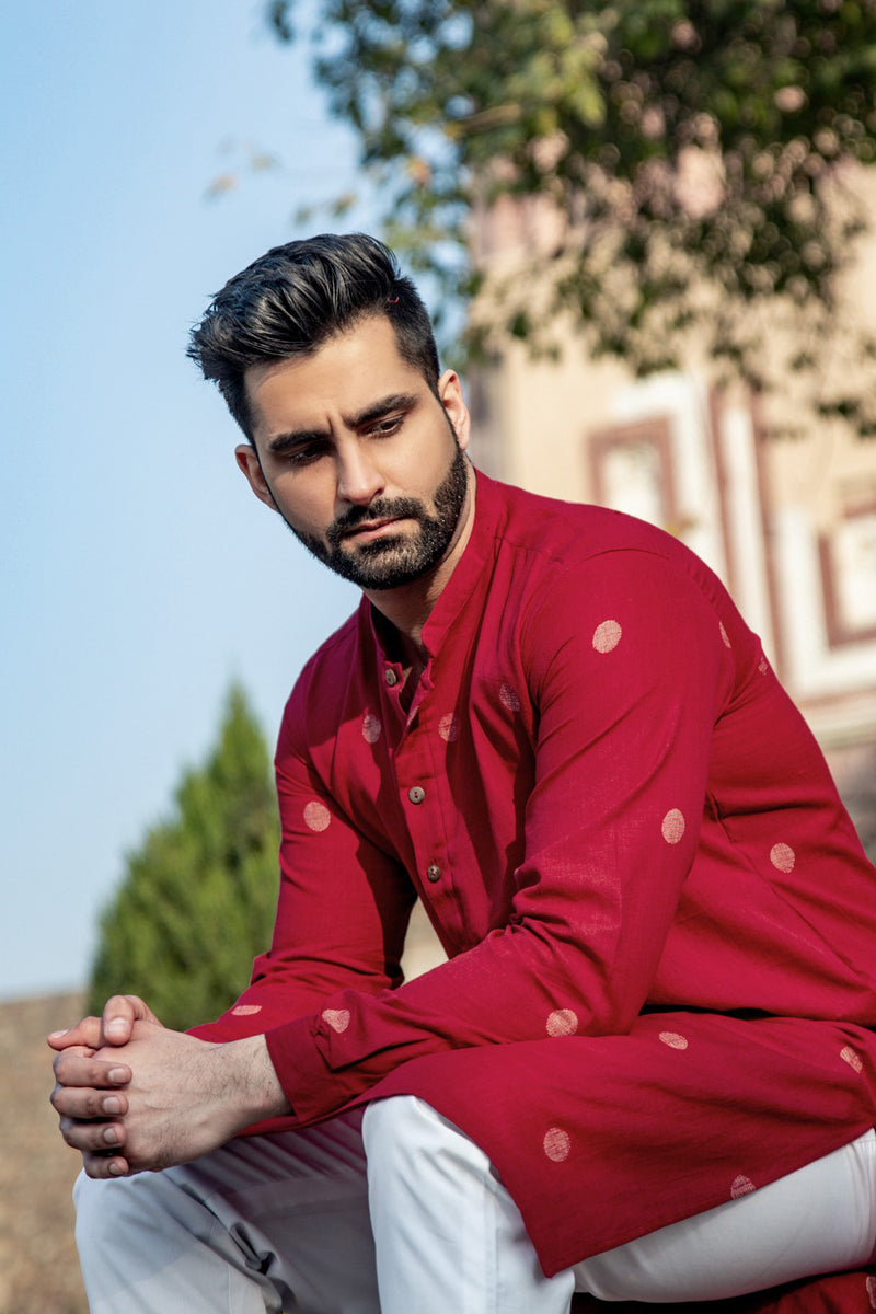 MUDITA : Jamdani Deep Red Knee-Length Kurta