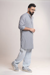 NOON : Handwoven Cotton Grey checks Mid-Length Kurta
