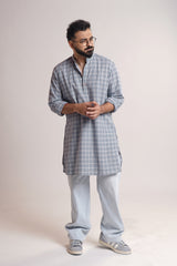 NOON : Handwoven Cotton Grey checks Mid-Length Kurta