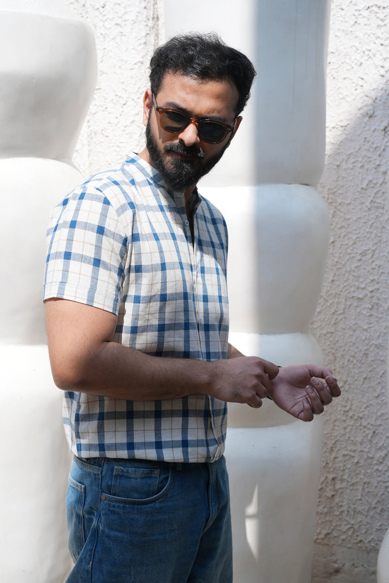 Ori : Handwoven Cotton white checks Half-sleeve Shirt