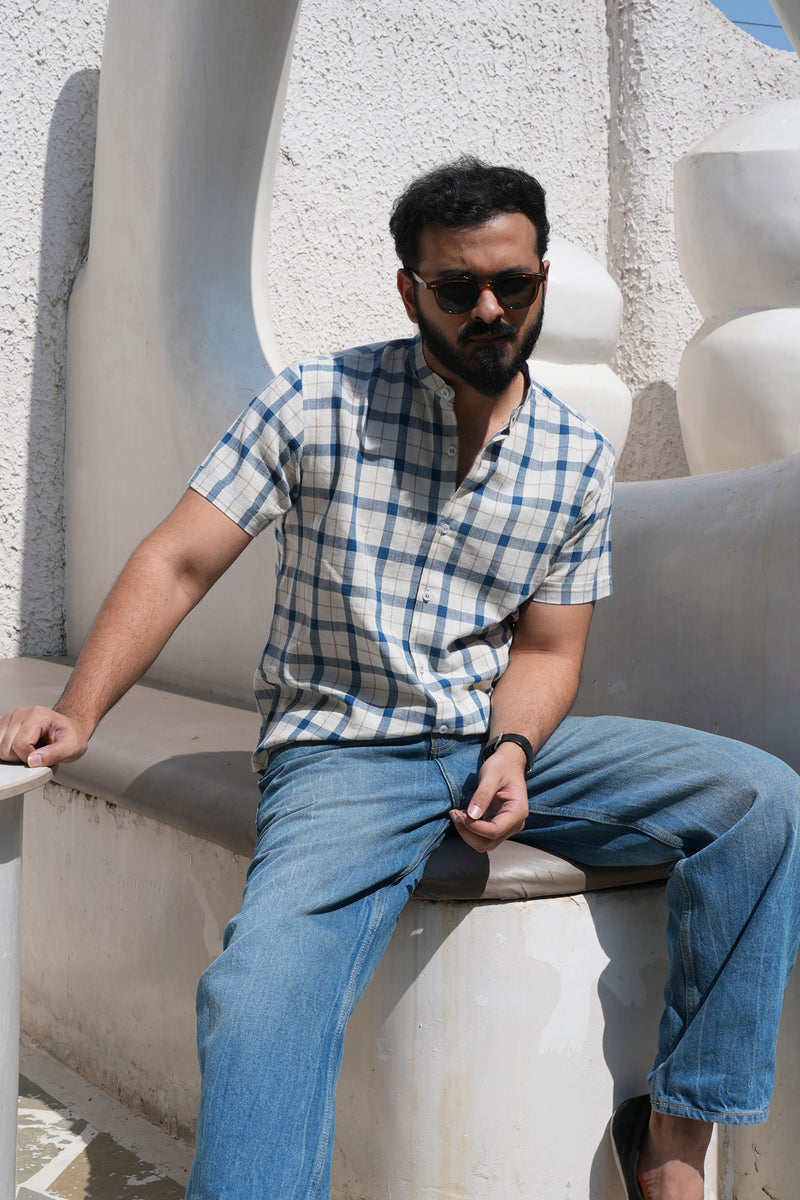 Ori : Handwoven Cotton white checks Half-sleeve Shirt