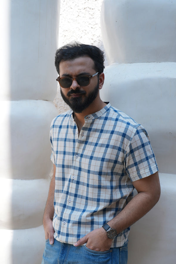 Ori : Handwoven Cotton white checks Half-sleeve Shirt