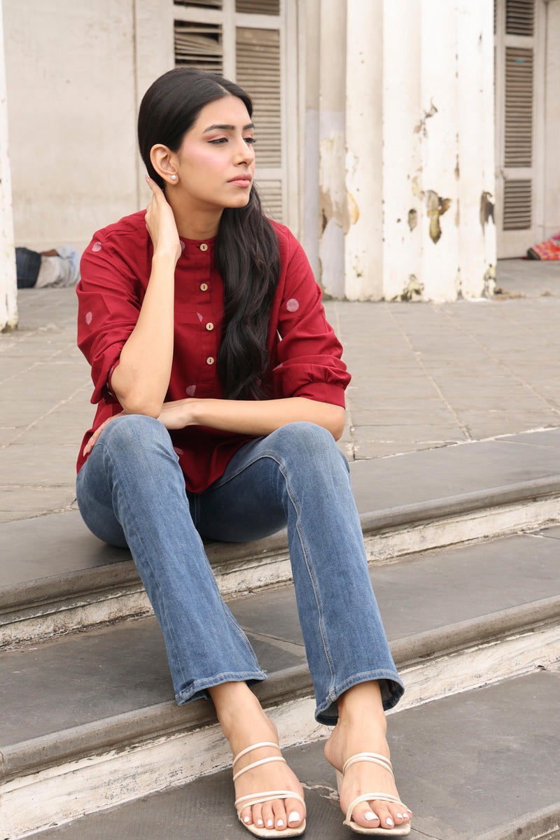 RACHEL HANDWOVEN JAMDANI DEEP RED TOP