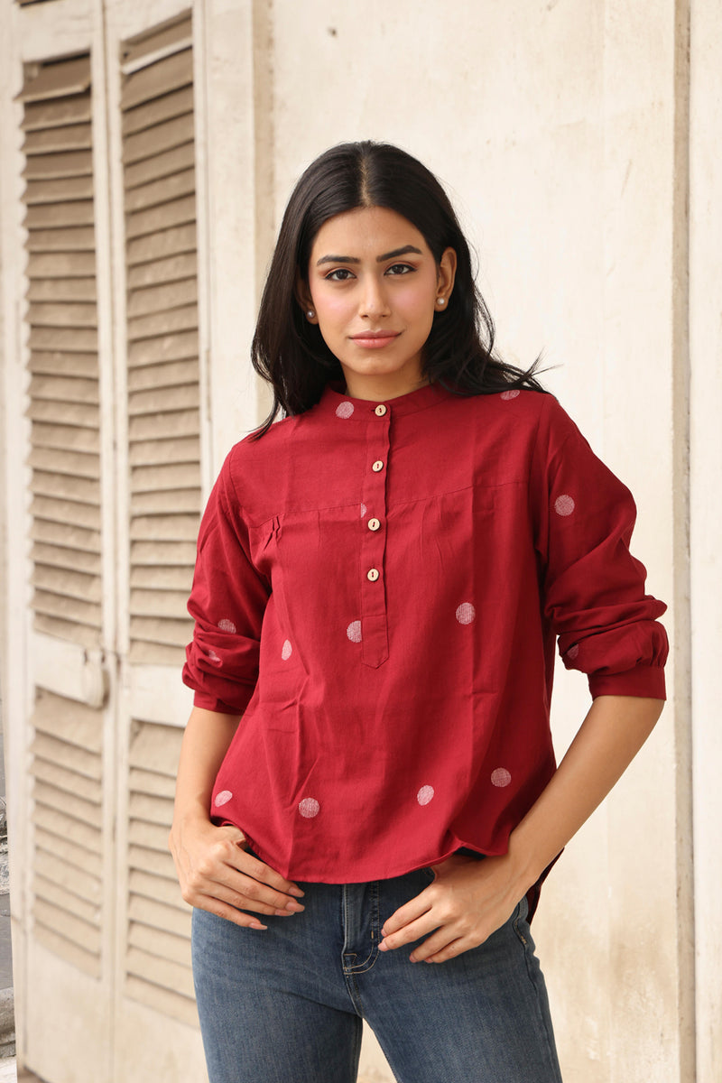 RACHEL HANDWOVEN JAMDANI DEEP RED TOP