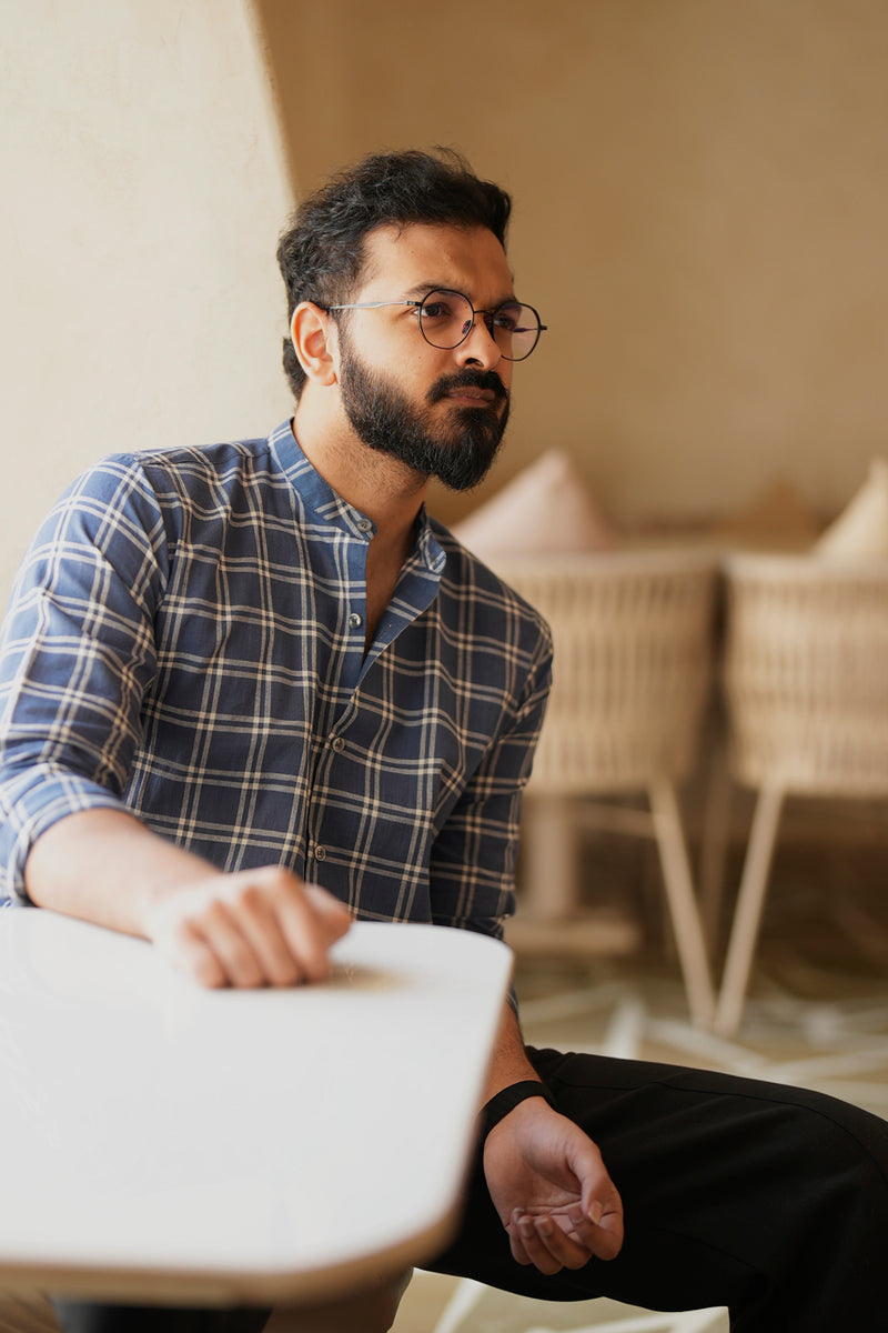 Sora : Handwoven Cotton Blue Checks Full-sleeve Shirt