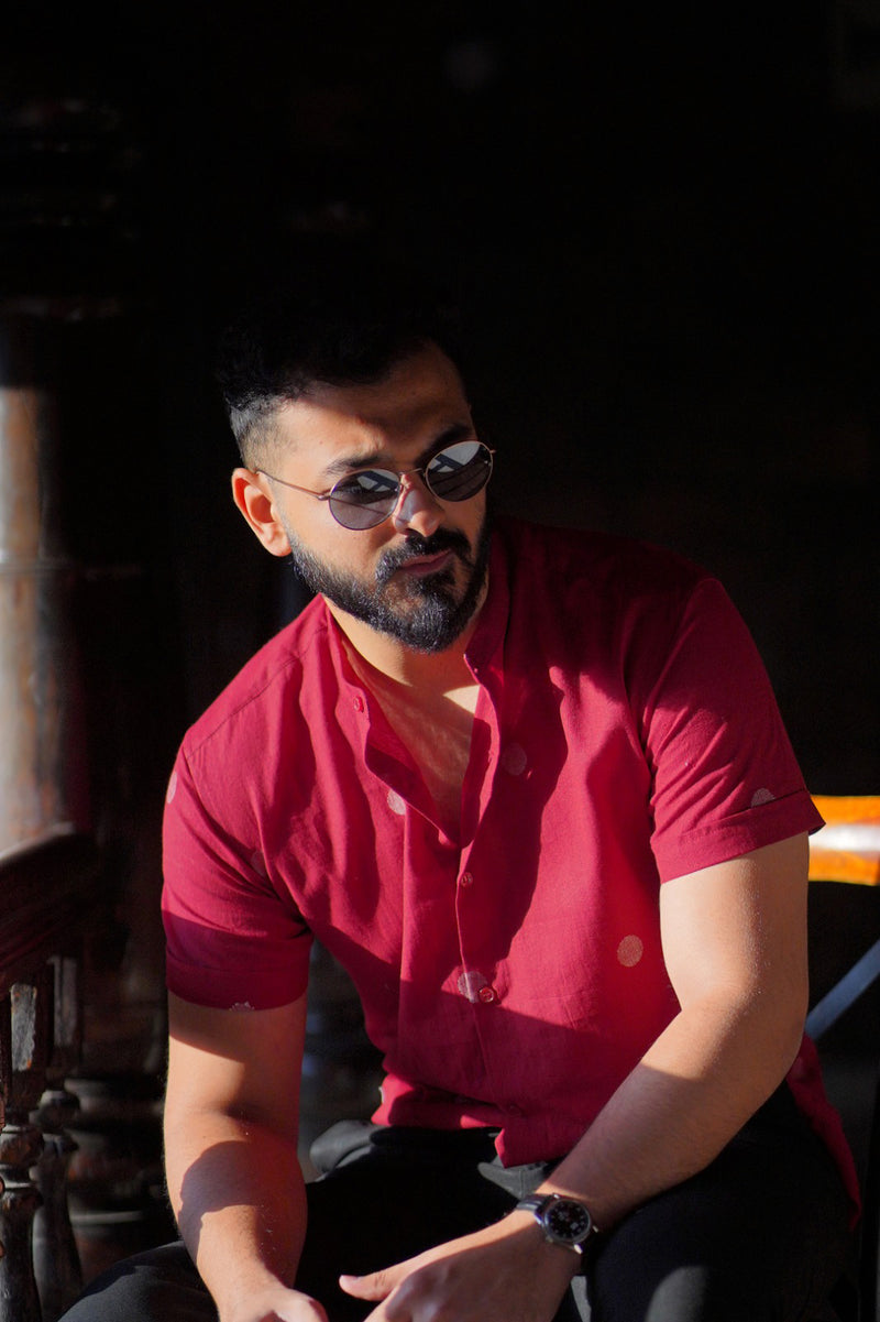 Tattva : Jamdani Deep Red Half-sleeve Shirt