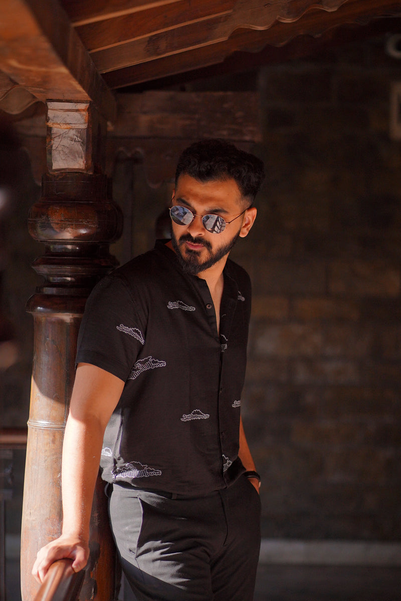 Thunder : Blockprint Mulmul Black Half-sleeve Shirt