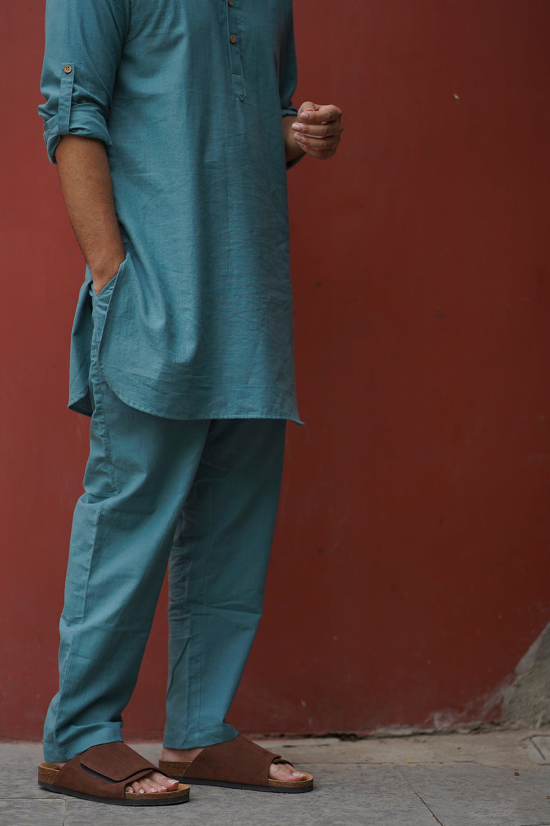 TIDE : Teal Handwoven Cotton Kurta