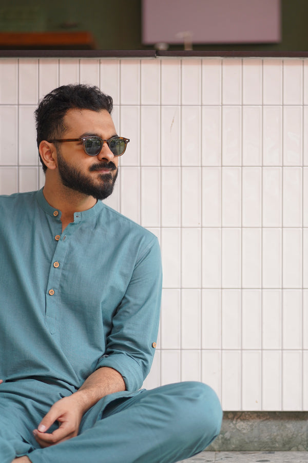 TIDE : Teal Handwoven Cotton Kurta