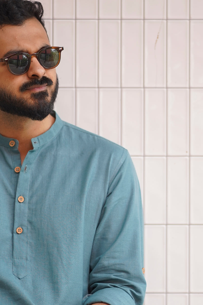 TIDE : Teal Handwoven Cotton Kurta