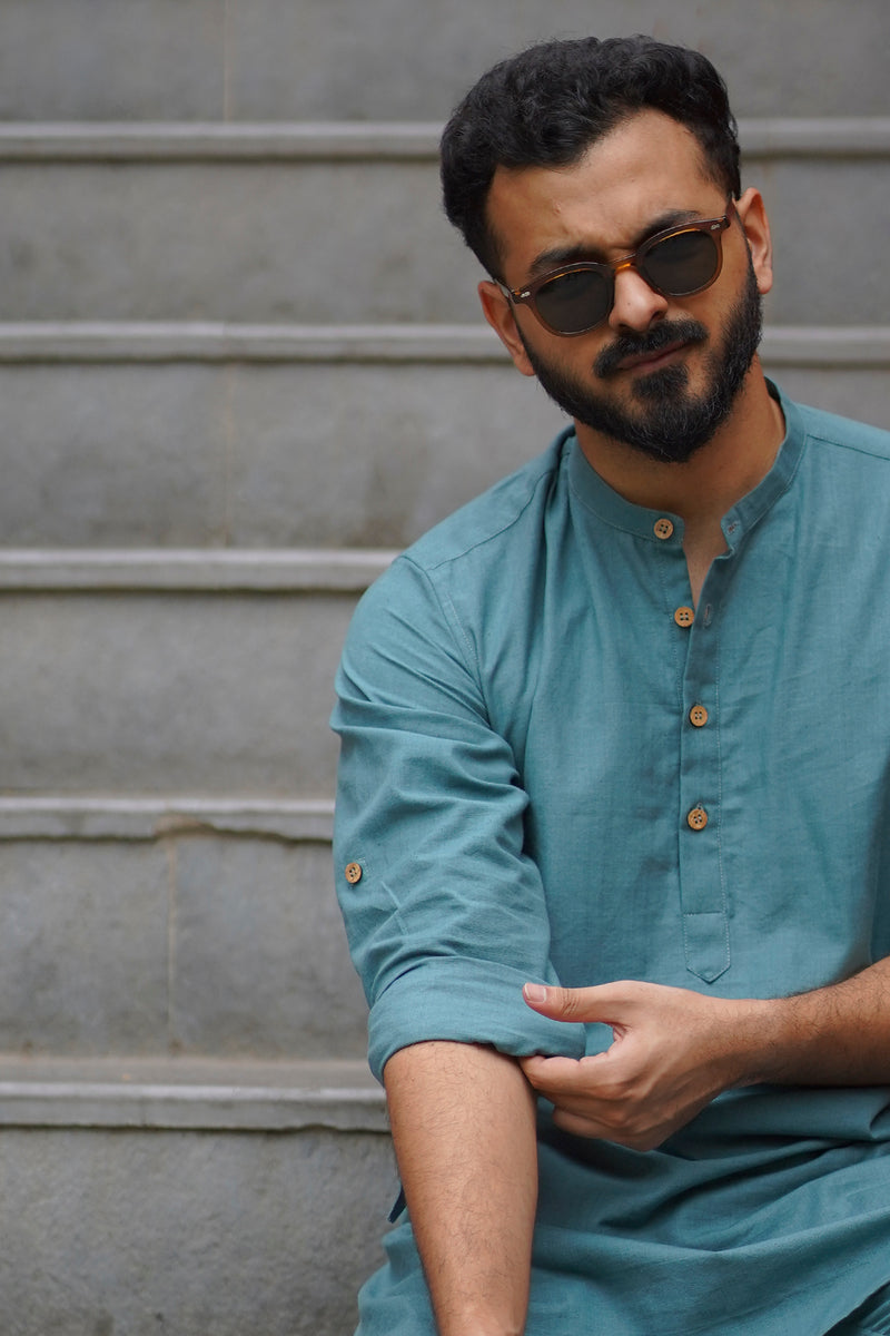 TIDE : Teal Handwoven Cotton Kurta