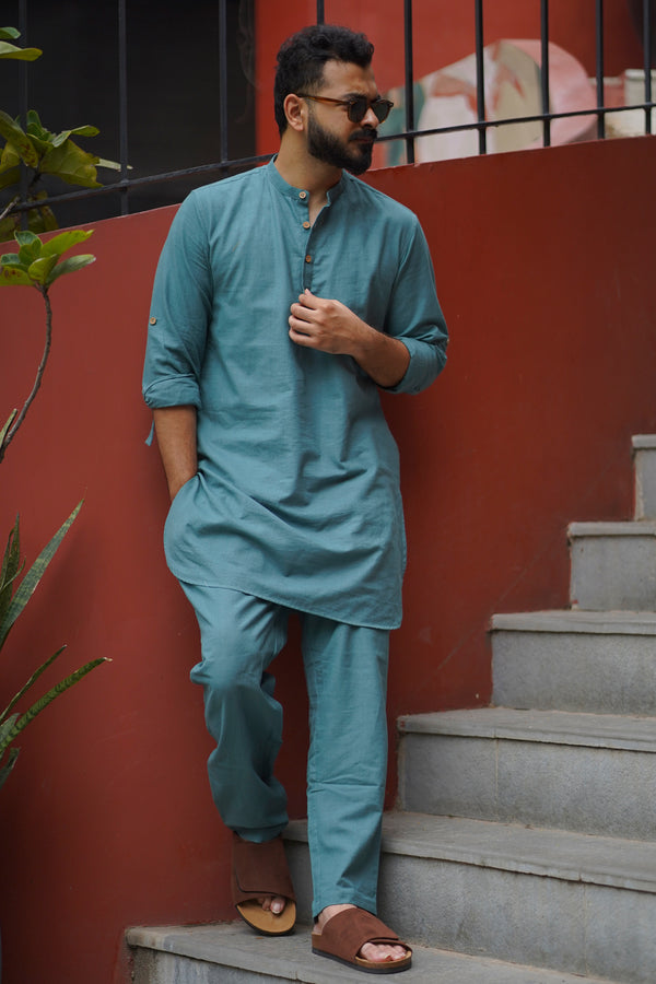 TIDE : Teal Handwoven Cotton Kurta