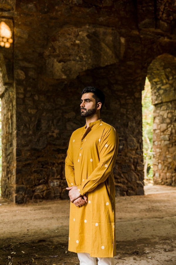ANANDA : Jamdani Mustard Knee-Length Kurta