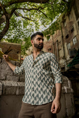 JADE : Ikat Half White & Deep Green Full-sleeve Shirt