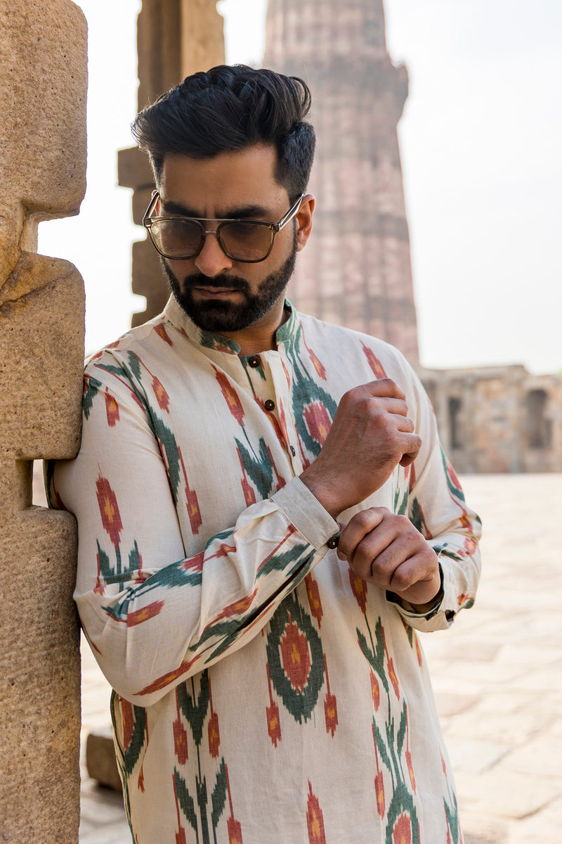 RAAG : Ikat Cream Knee-Length Kurta